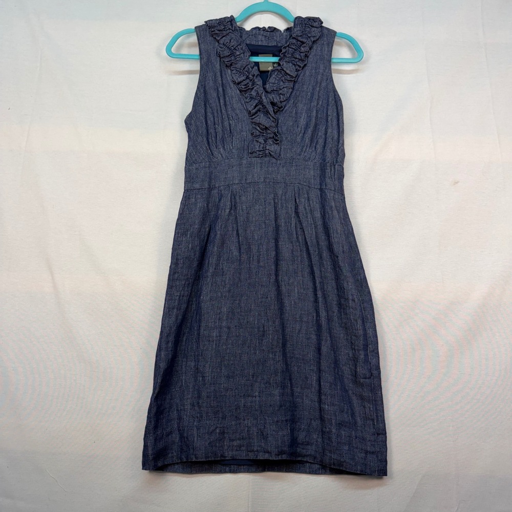 Taylor Navy Blue 100% Linen Ruffle V-Neck Sleeveless Empire Waist Dress Size 6